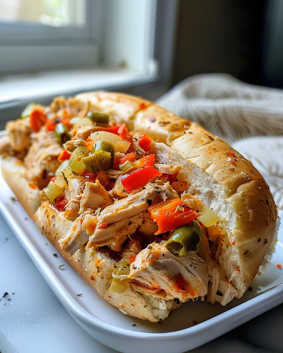 Crockpot Chicken Giardiniera Sandwiches taken with iphone 15 pro max --iw 2 --ar 4:5 --v 6.0 --raw