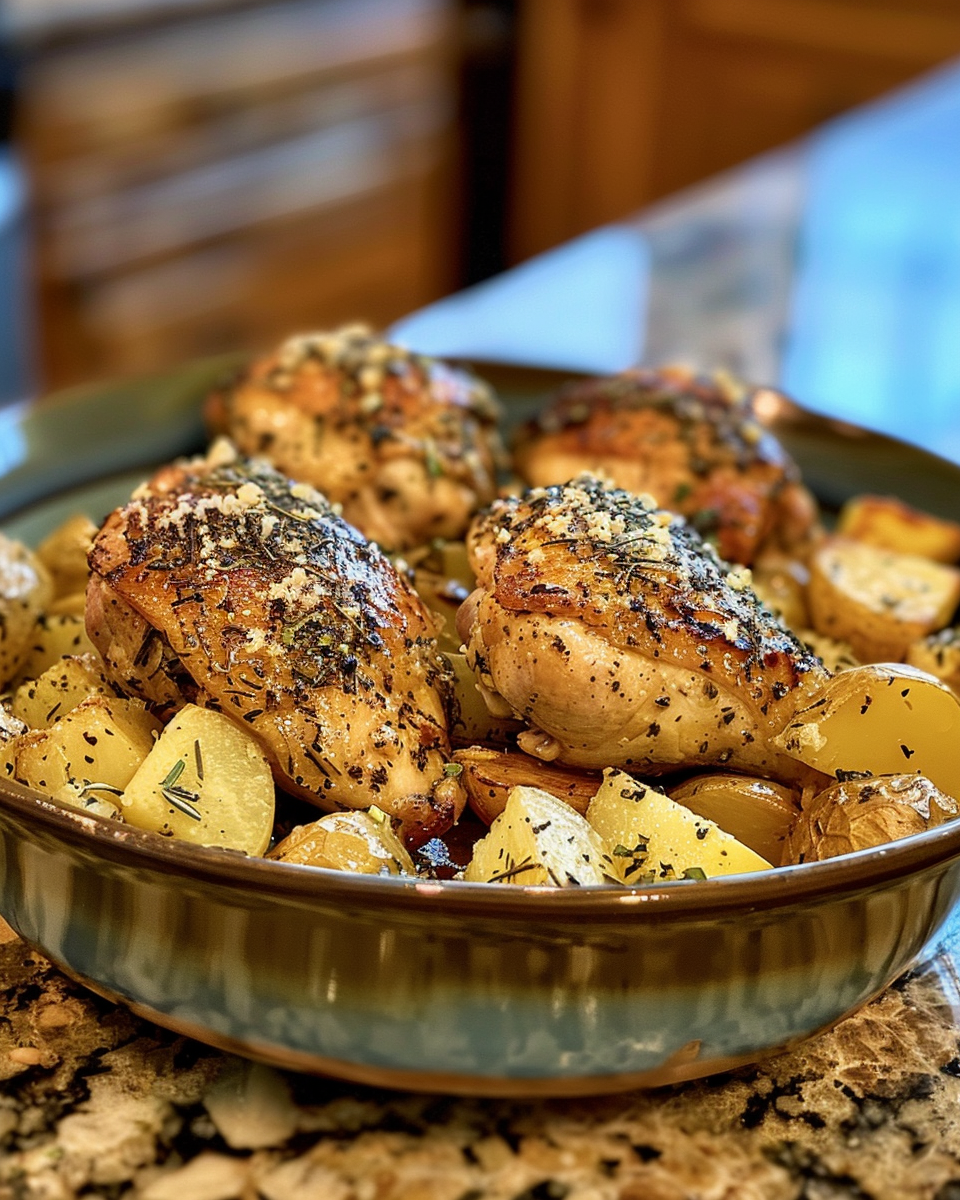Served garlic Parmesan chicken and potatoes plated and ready to enjoy