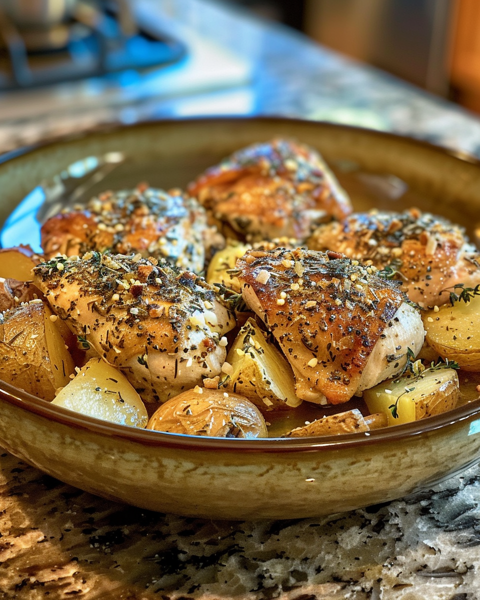 Slow Cooked Garlic Parmesan Chicken and Potatoes taken with iphone 15 pro max --iw 2 --ar 4:5 --v 6.0 --raw