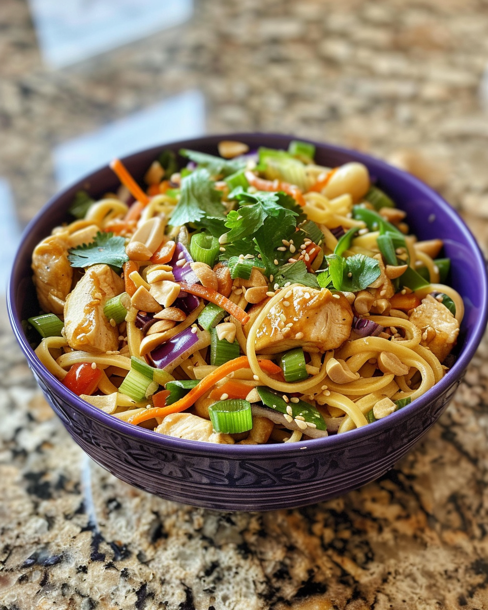 Final Asian chicken noodle salad with crunchy noodles ready to serve