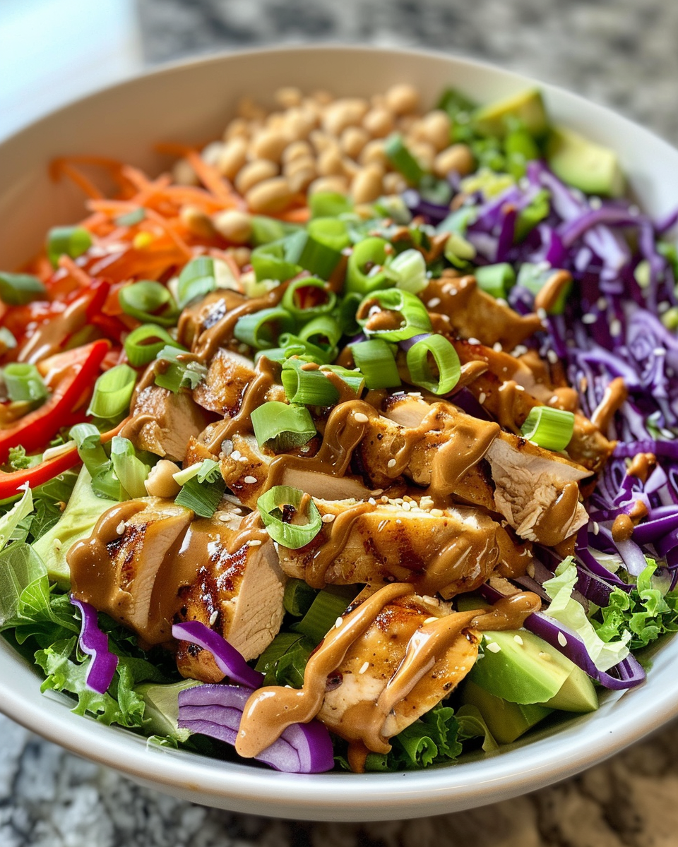 Asian Chicken Salad With Creamy Peanut Dressing taken with iphone 15 pro max --iw 2 --ar 4:5 --v 6.0 --raw