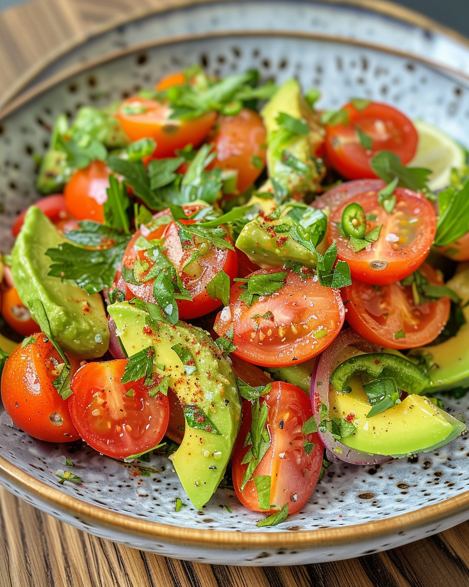 Avocado Salad With Tomatoes Lime And Toasted Cumin Vinaigrette taken with iphone 15 pro max --iw 2 --ar 4:5 --v 6.0 --raw