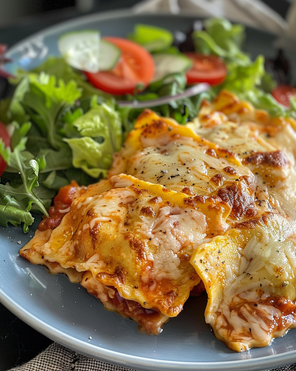 Final plated baked pasta crowned with fresh avocado and cilantro garnish