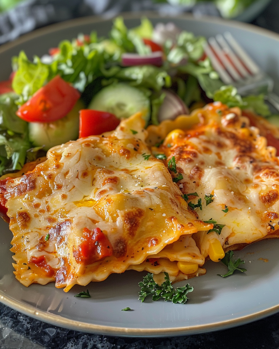 Baked Southwest Ravioli With Tex-Mex Wedge Salad taken with iphone 15 pro max --iw 2 --ar 4:5 --v 6.0 --raw