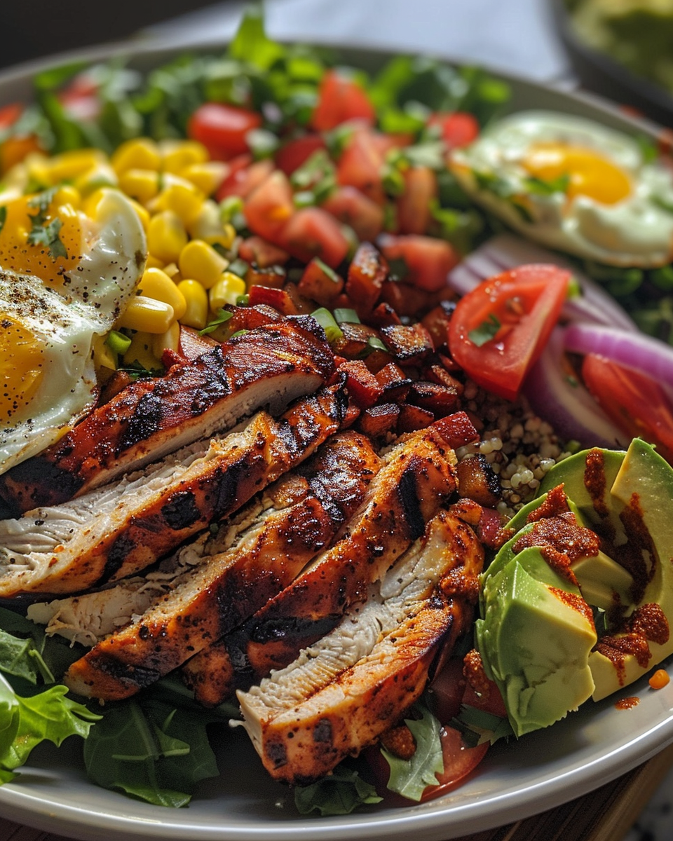 Blackened Chicken Cobb Salad taken with iphone 15 pro max --iw 2 --ar 4:5 --v 6.0 --raw