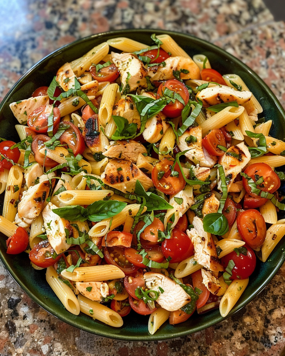A plated serving of caprese chicken pasta salad showing melted mozzarella and fresh basil
