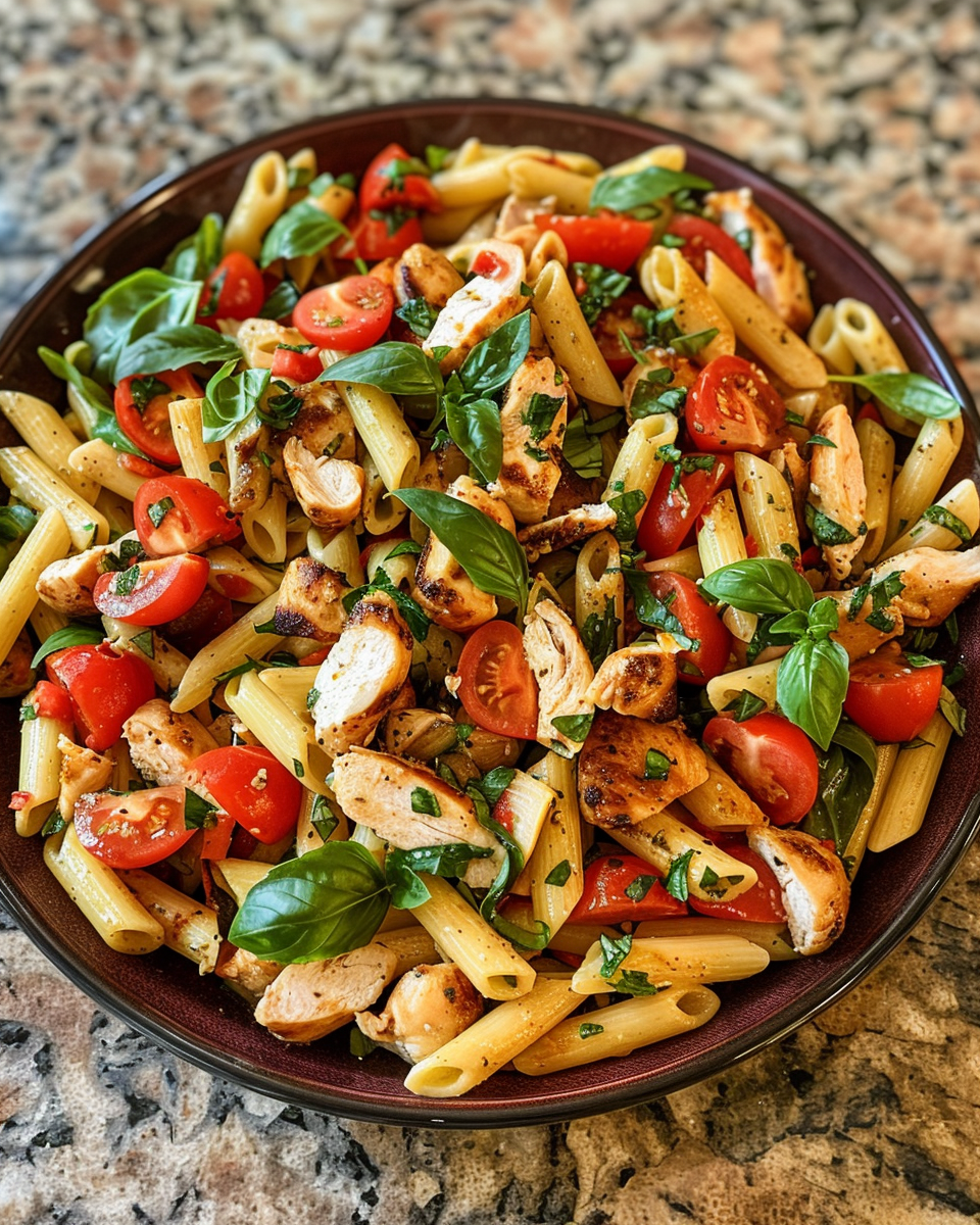 Caprese Chicken Pasta Salad taken with iphone 15 pro max --iw 2 --ar 4:5 --v 6.0 --raw