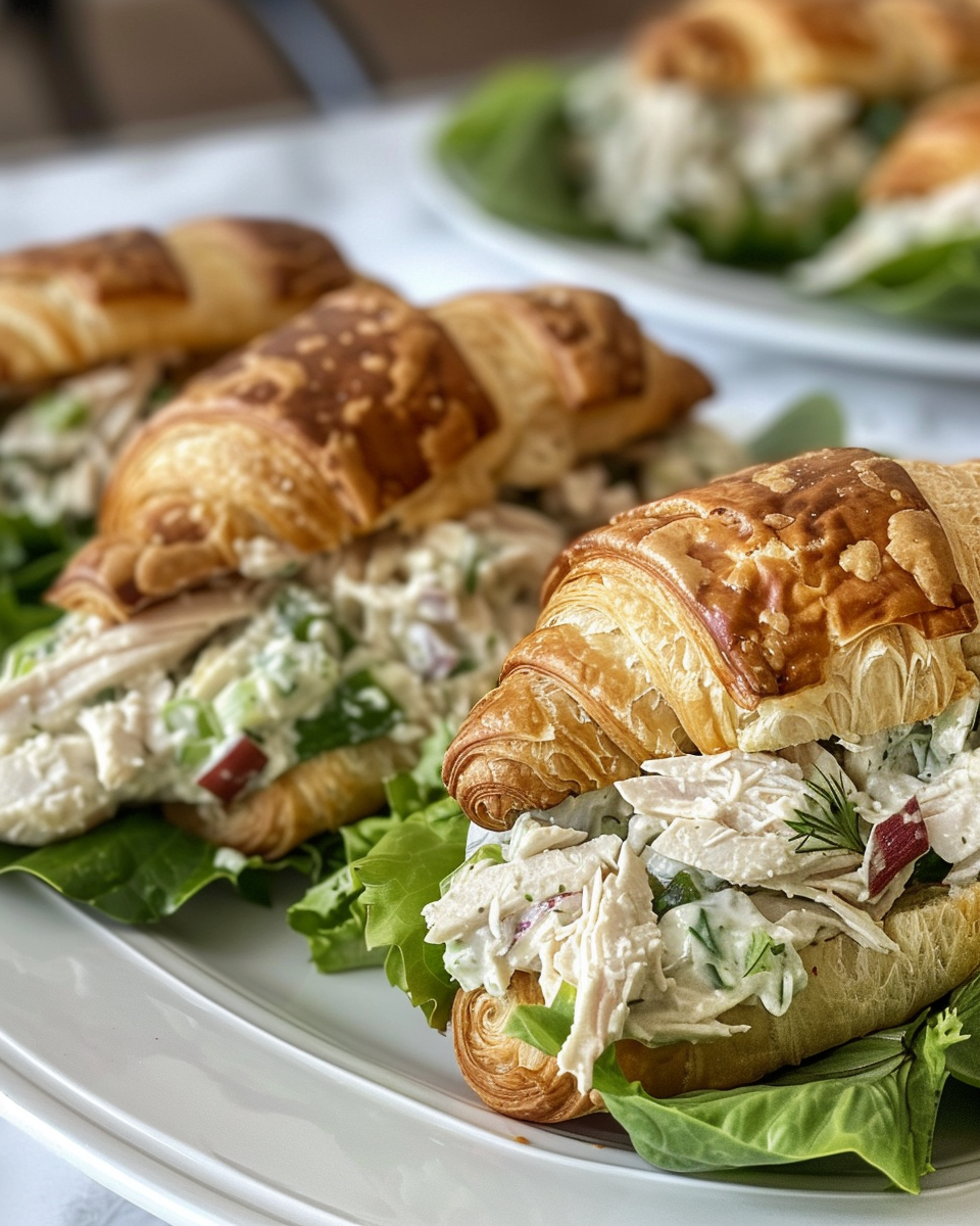 Close-up of chicken salad croissant sandwich showing creamy texture and fresh herbs