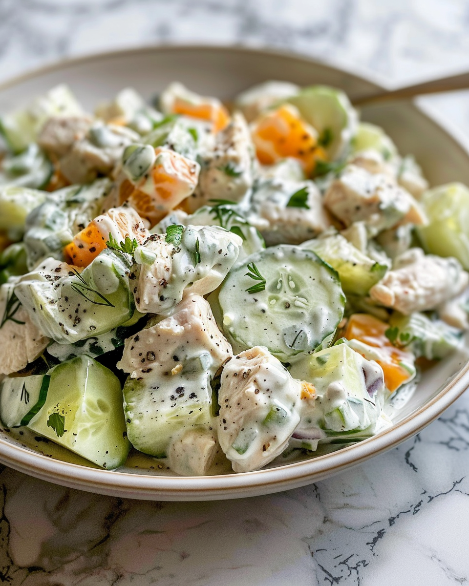 Creamy Cucumber Chicken Salad taken with iphone 15 pro max --iw 2 --ar 4:5 --v 6.0 --raw