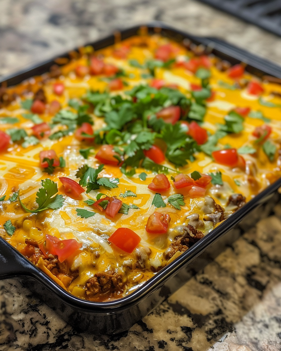 Baked Tex-Mex casserole with melted cheese and fresh avocado garnish