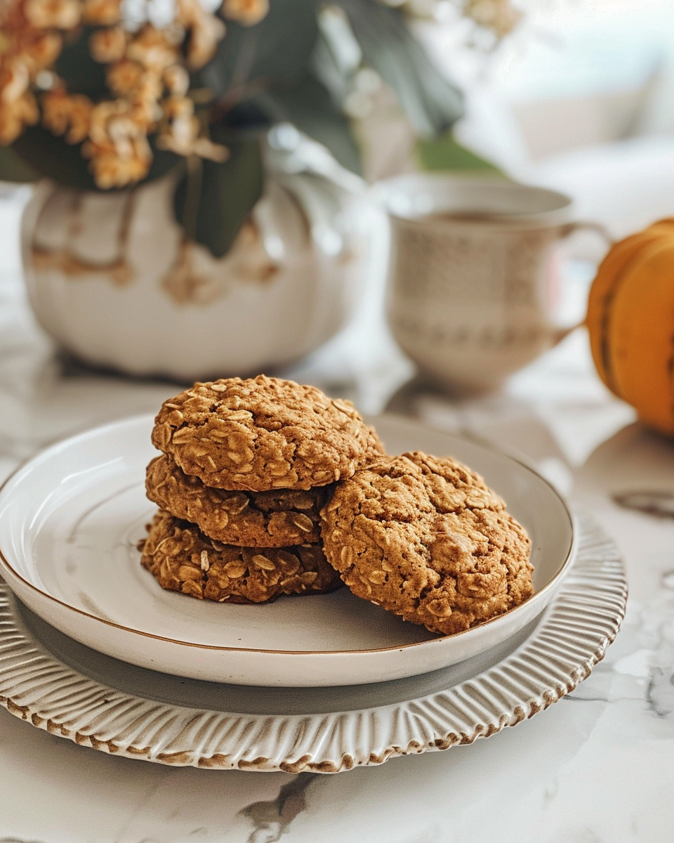 Ingredients for pumpkin oatmeal cookies including flour, pumpkin purée, and spices