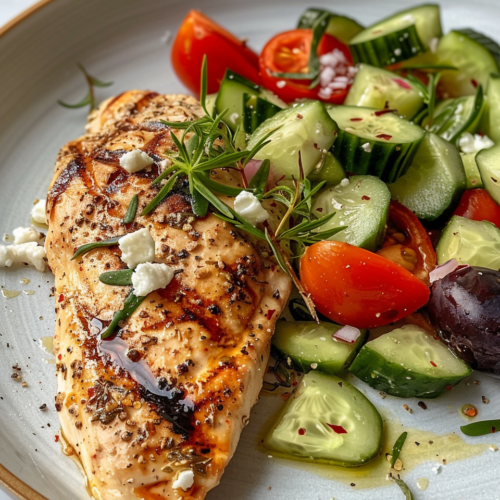 Greek Chicken With Cucumber-Feta Salad taken with iphone 15 pro max --iw 2 --ar 4:5 --v 6.0 --raw