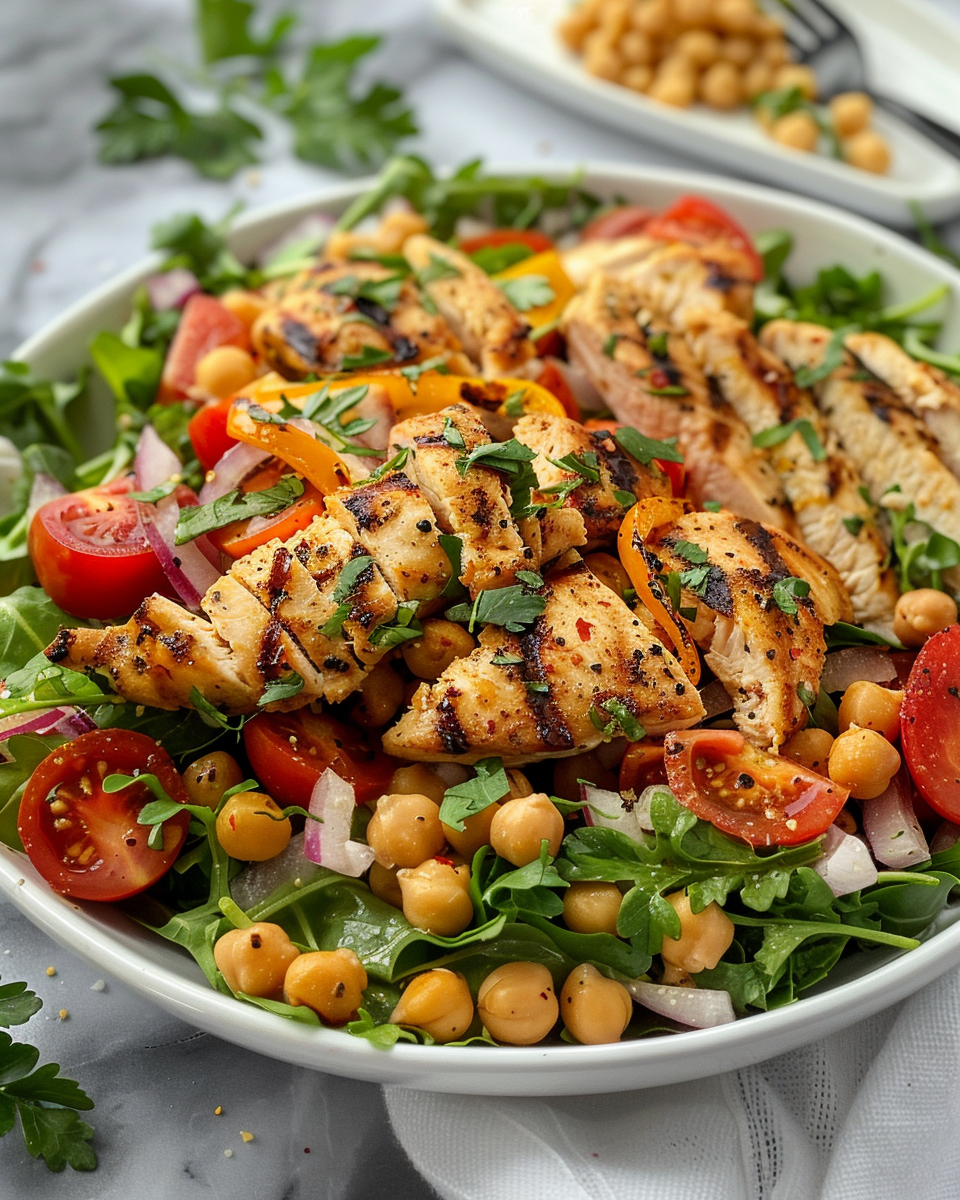 Ingredients for grilled chicken chickpea salad laid out fresh and colorful