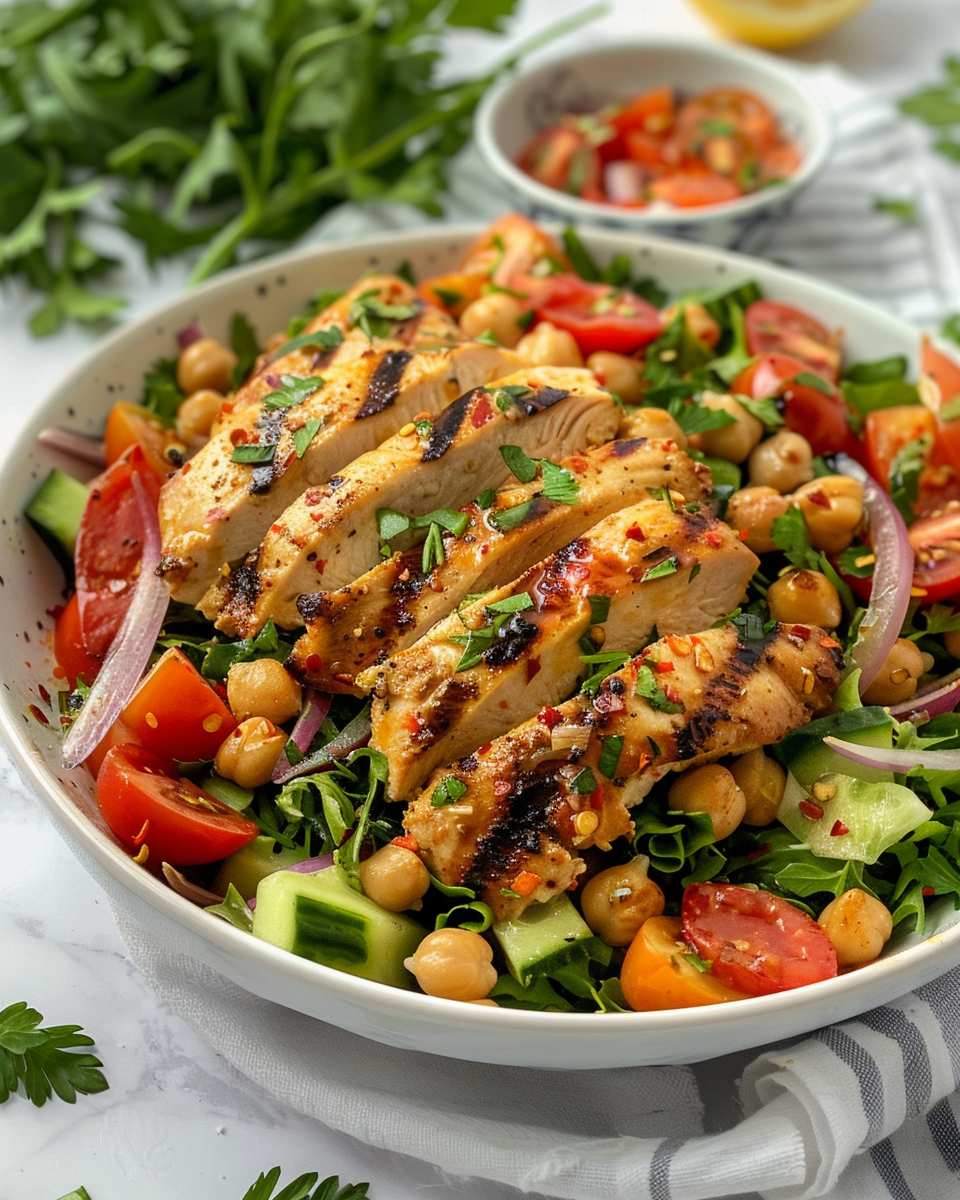 Plated grilled chicken chickpea salad ready to serve and enjoy