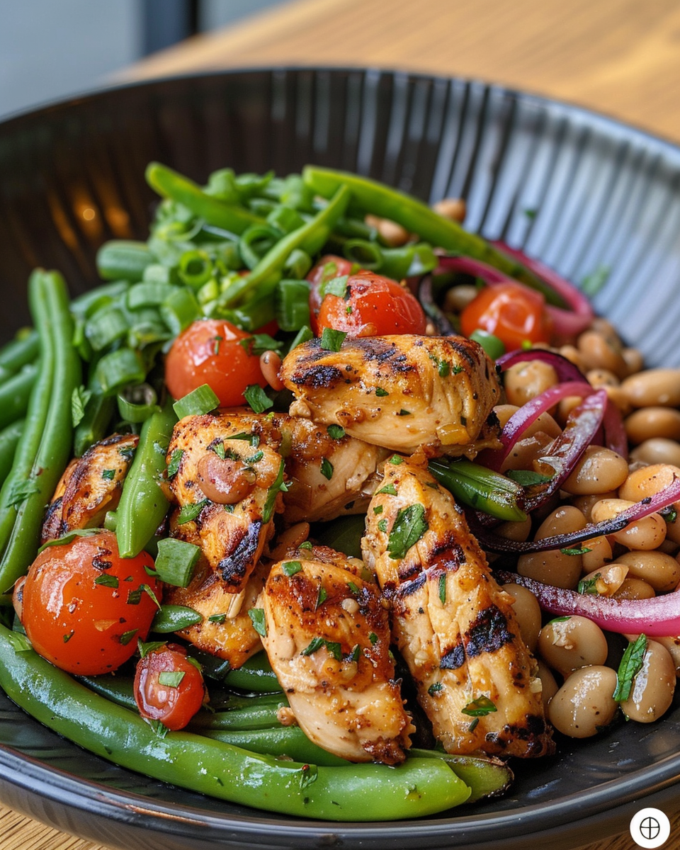 Ingredients laid out for lemon garlic chicken dense bean salad