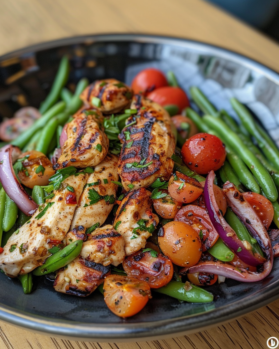 Lemon Garlic Chicken Dense Bean Salad taken with iphone 15 pro max --iw 2 --ar 4:5 --v 6.0 --raw