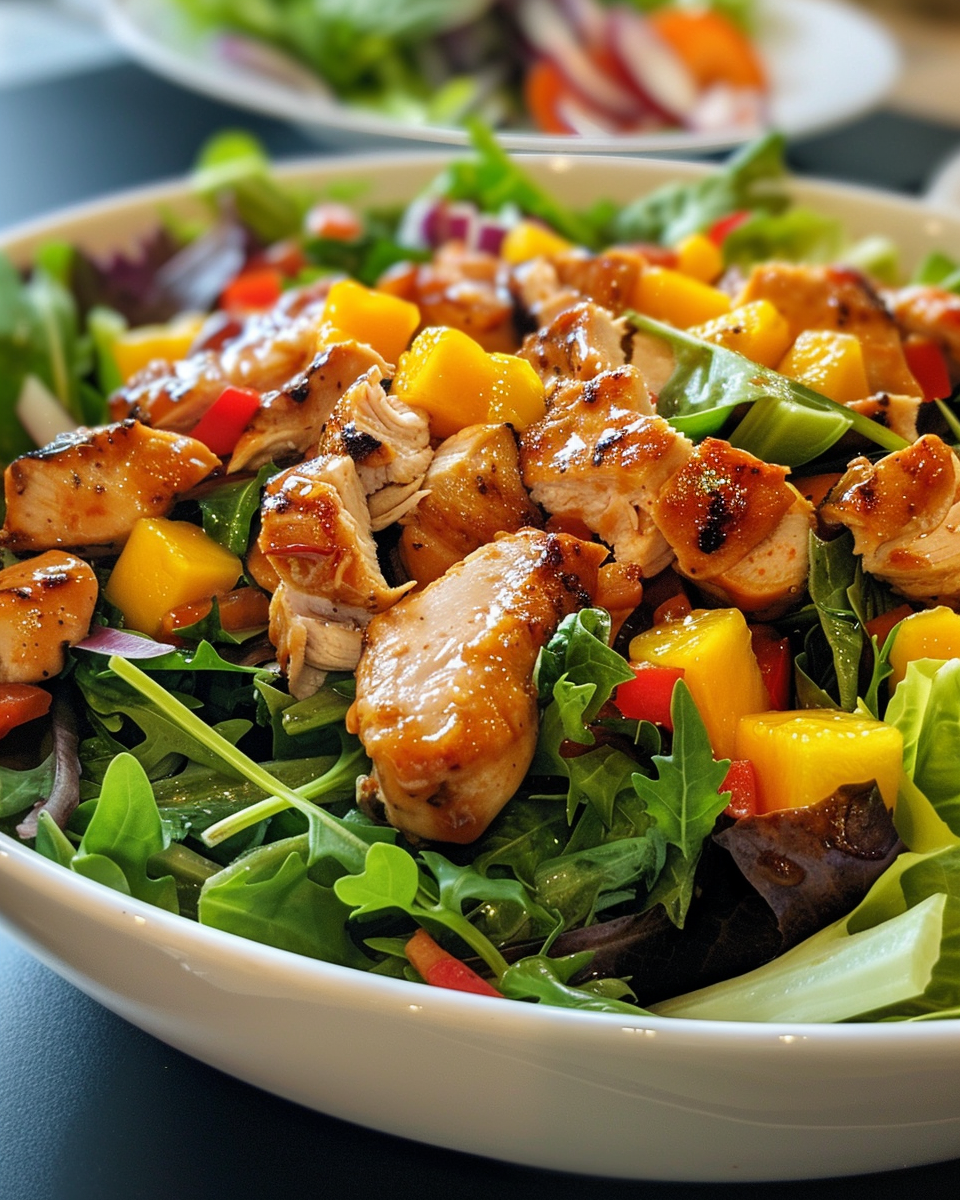 Final plated mango chicken salad served chilled in bowl