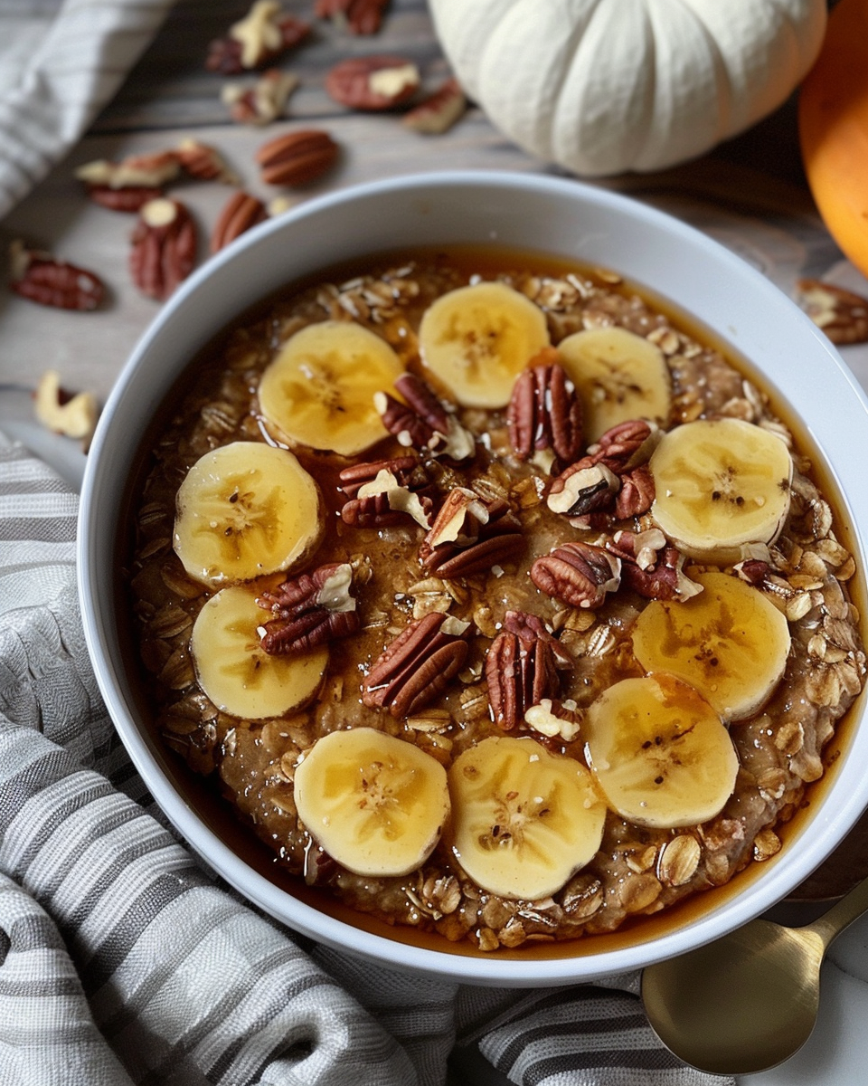 Maple Pecan Pumpkin Baked Oatmeal For Breakfast taken with iphone 15 pro max --iw 2 --ar 4:5 --v 6.0 --raw