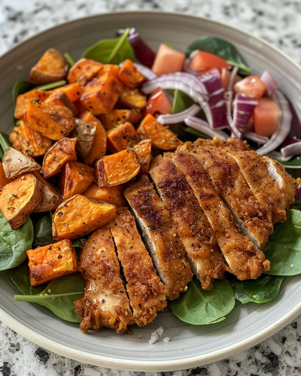 *****Oven-Fried Chicken And Roasted Sweet Potato Salad***** taken with iphone 15 pro max --iw 2 --ar 4:5 --v 6.0 --raw