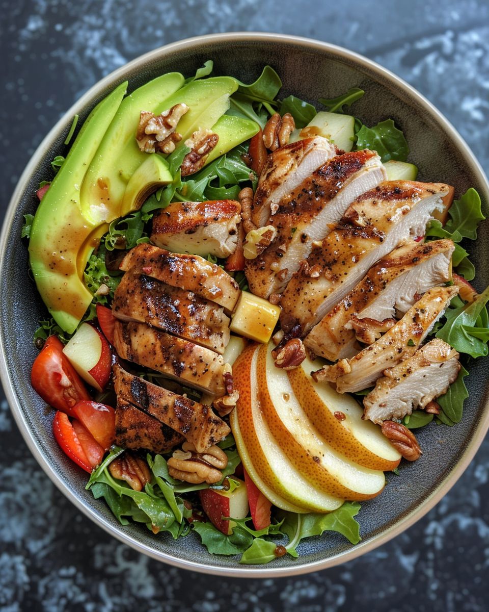 Serving of pear salad with grilled chicken, pears, walnuts - ready to eat
