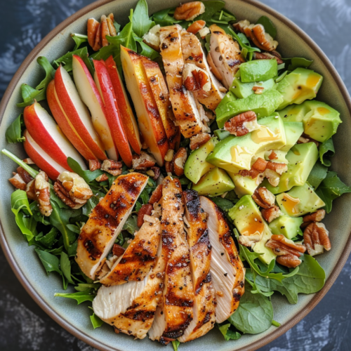 Pear Salad With Walnuts Avocado And Grilled Chicken taken with iphone 15 pro max --iw 2 --ar 4:5 --v 6.0 --raw
