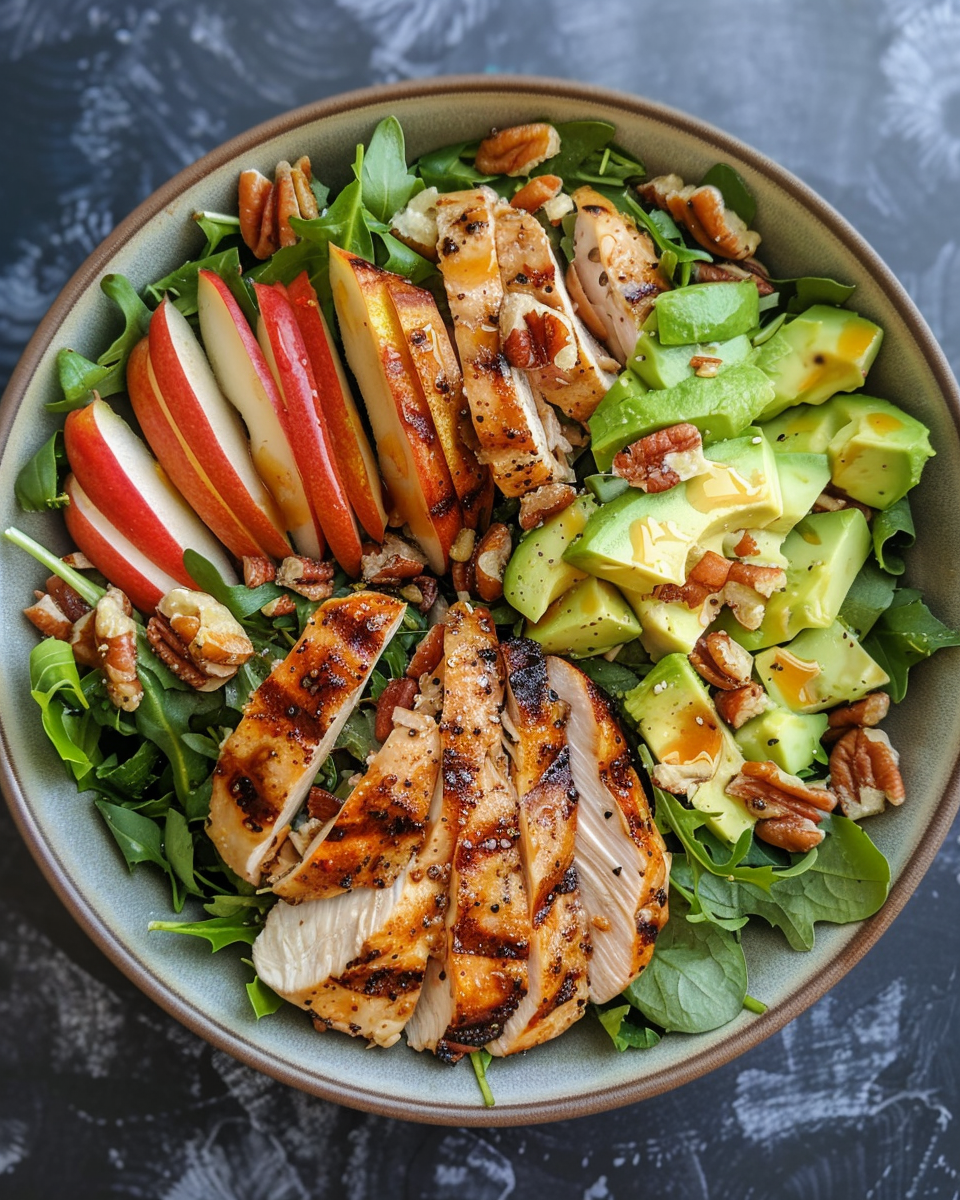 Pear Salad With Walnuts Avocado And Grilled Chicken taken with iphone 15 pro max --iw 2 --ar 4:5 --v 6.0 --raw