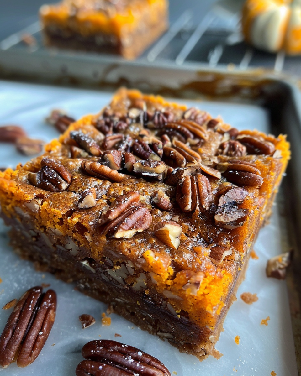 Finished pumpkin pecan magic bars plated and ready to eat