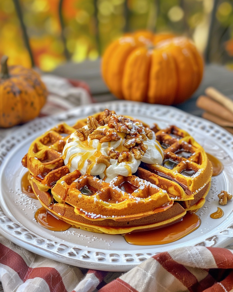Mix of ingredients including pumpkin puree and spices for pumpkin waffles