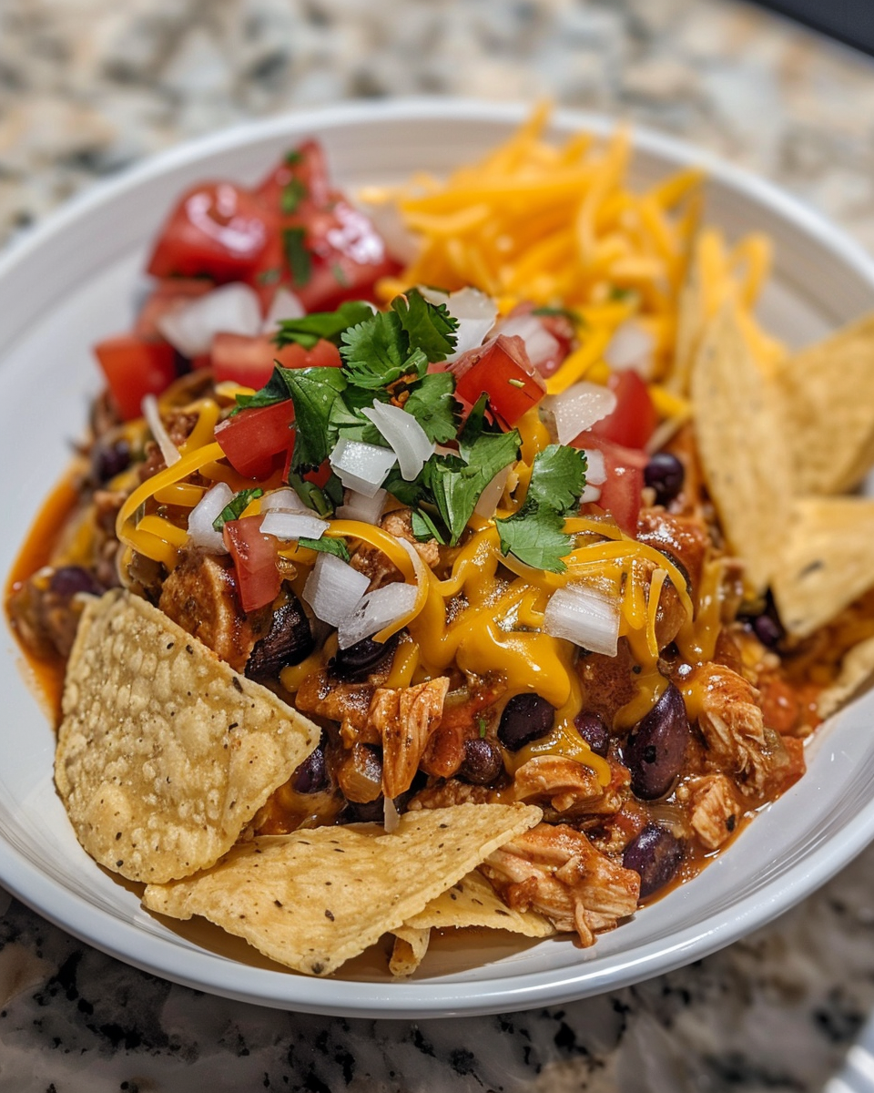 Shredded Tex-Mex chicken mixed in pressure cooker ready to serve over rice