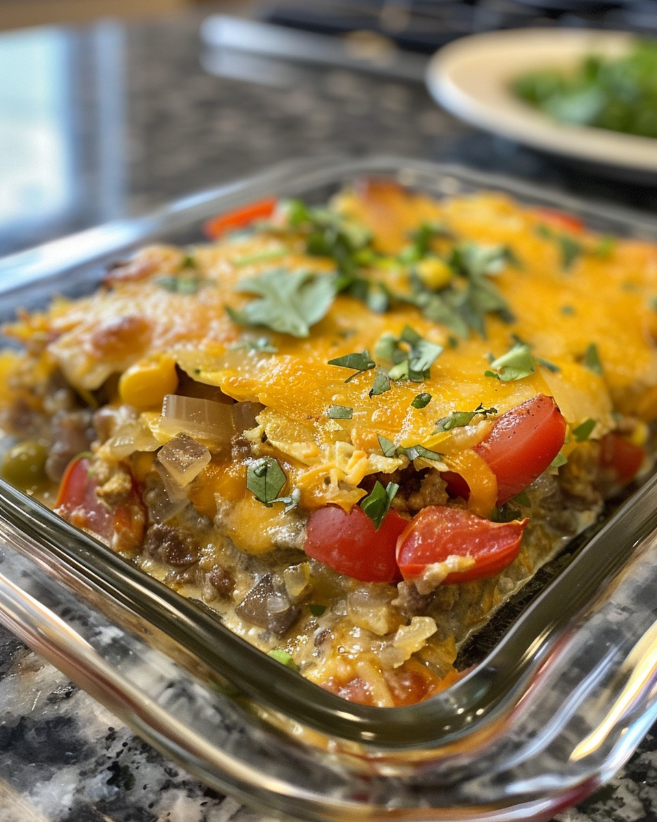Ingredients layered for slow cooker breakfast casserole with sausage, eggs and hash browns