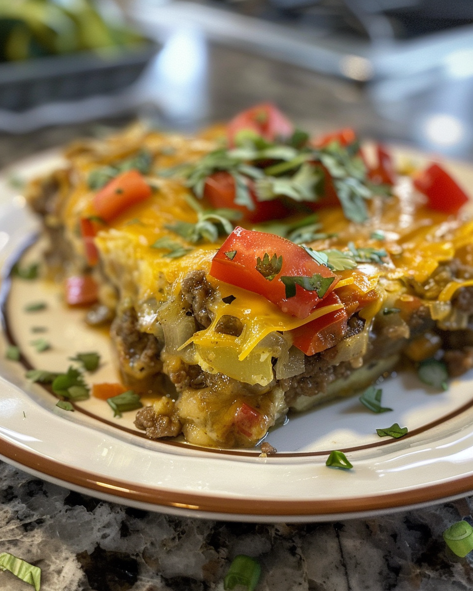 Finished slow cooker Tex-Mex breakfast casserole with melted cheese and crispy edges