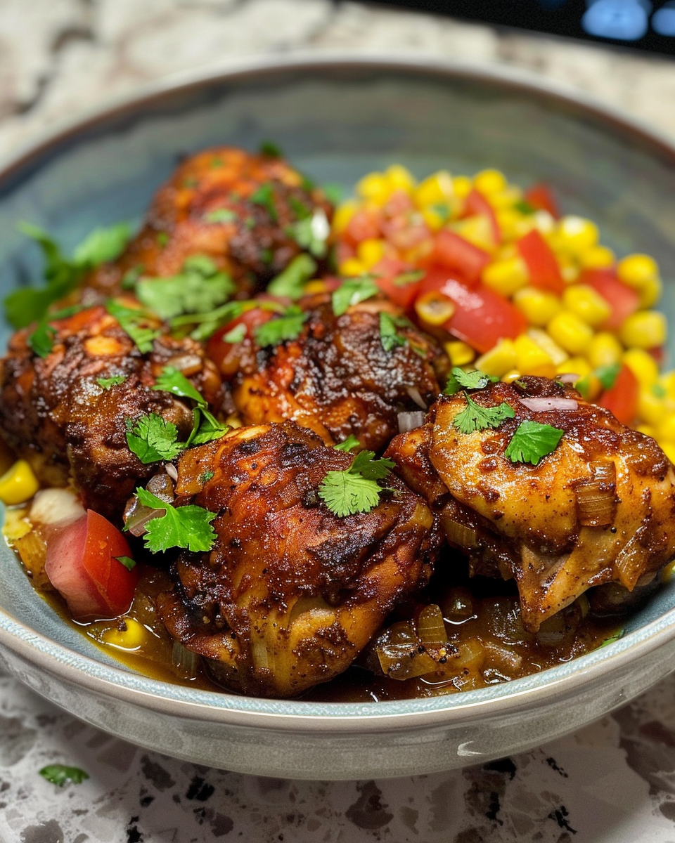 Shredded slow cooker Tex-Mex chicken mixed with salsa and toppings ready to serve