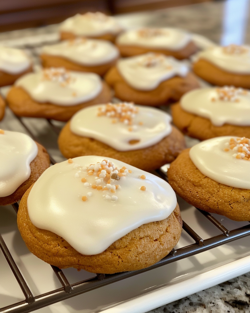 Cream cheese frosting spread on cooled pumpkin cookies