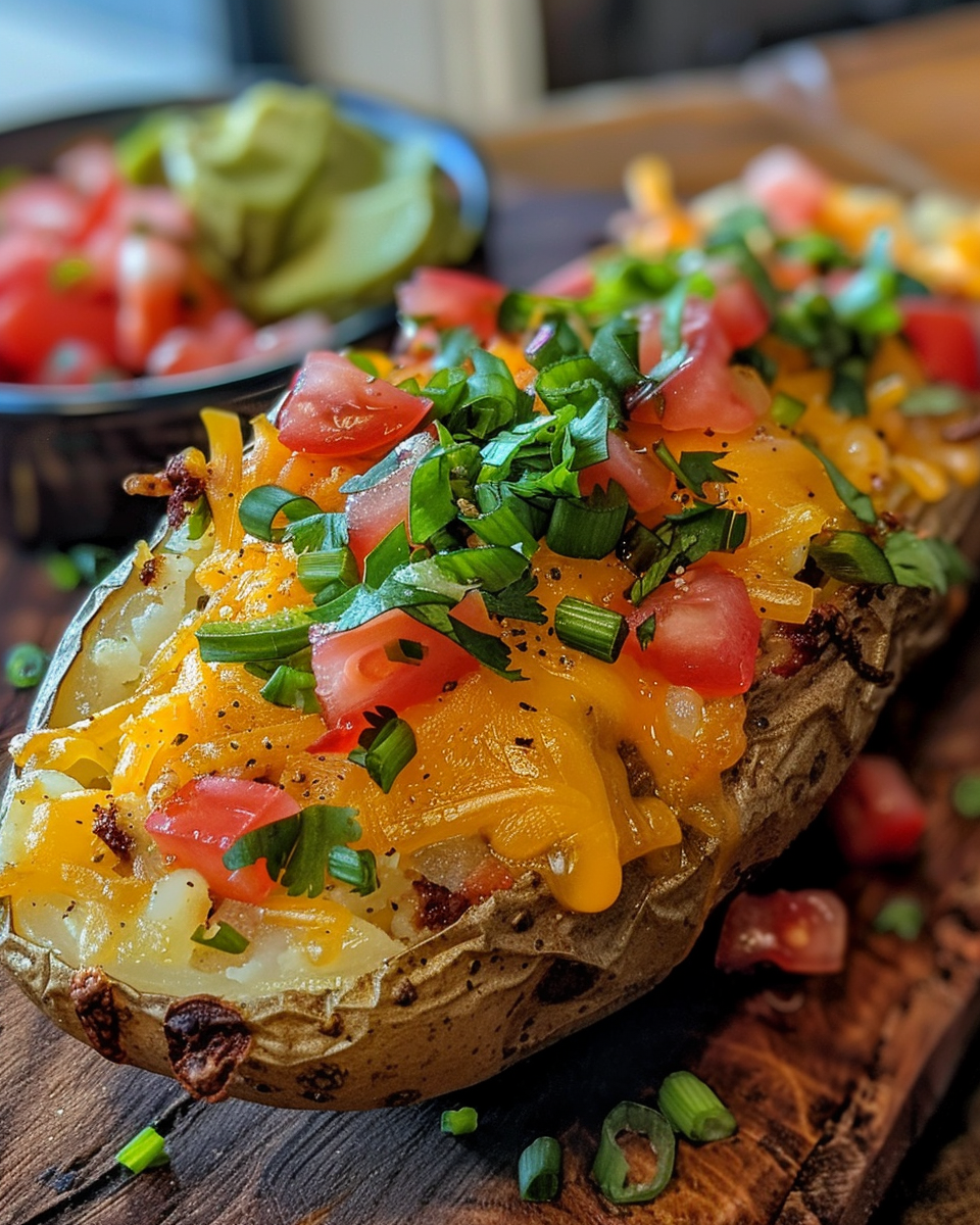 Golden bubbly Tex-Mex baked potatoes fresh out of the oven with melted vegan cheddar