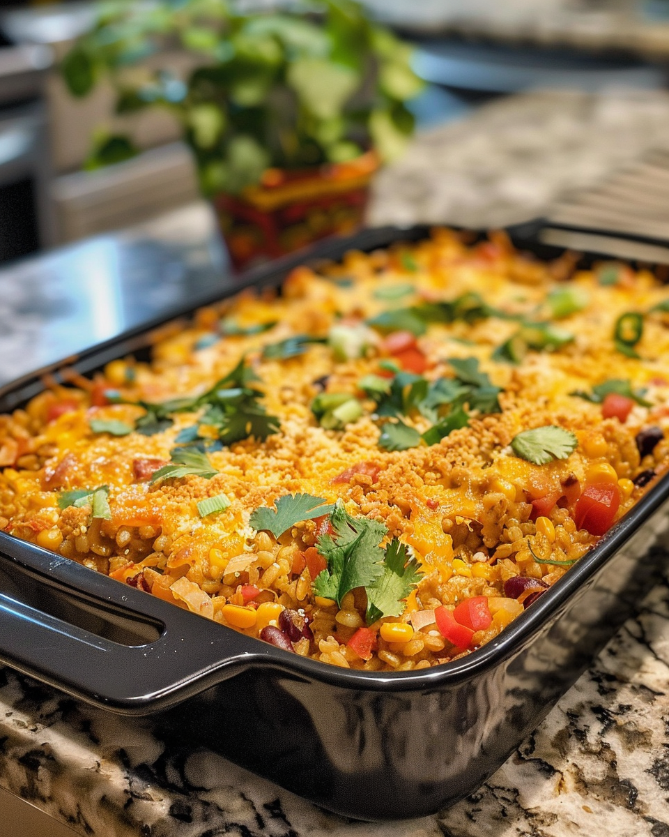 Final Tex-Mex barley casserole with melted cheese and garnishes ready to serve