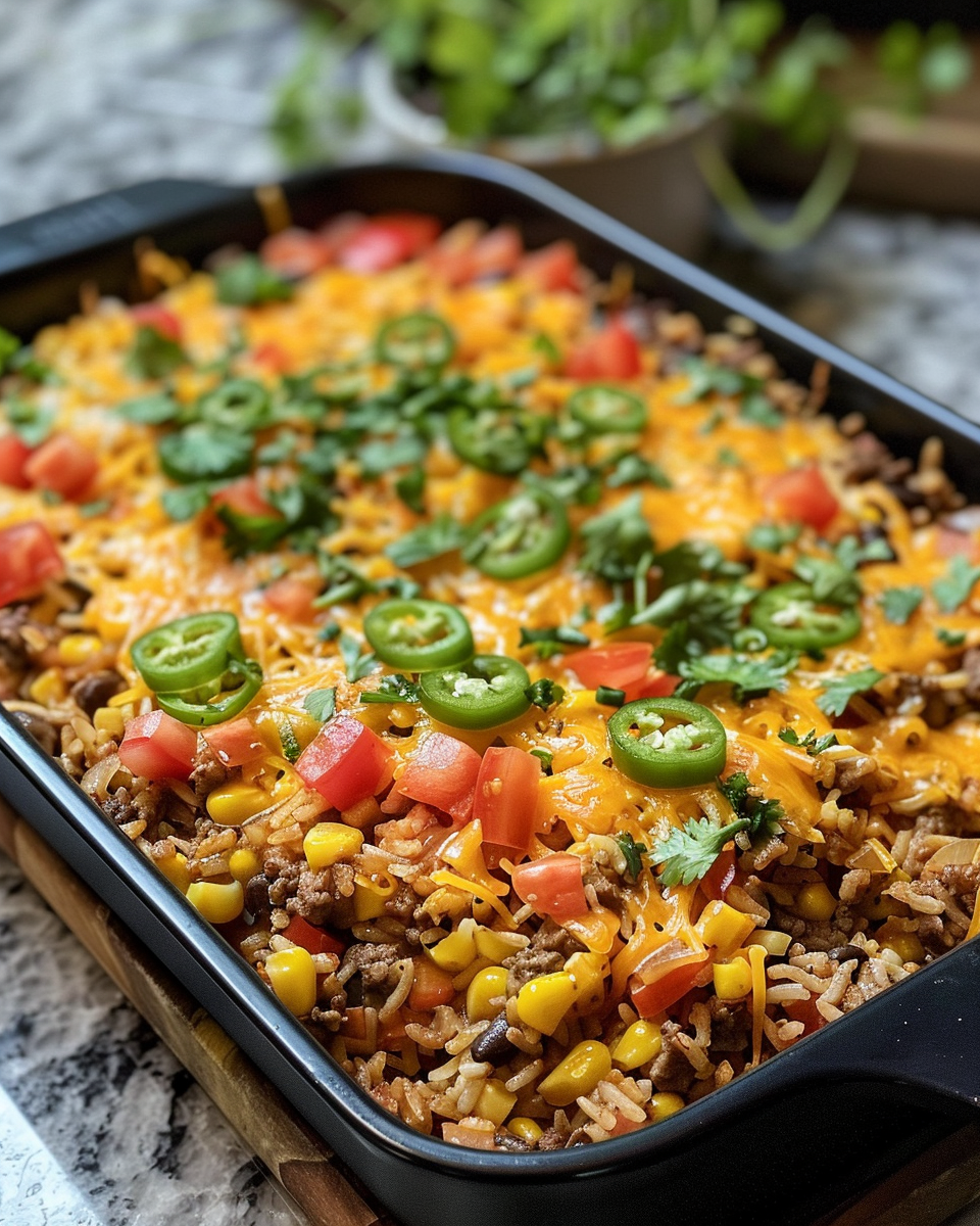 Ingredients for Tex-Mex Beef and Rice Casserole including ground beef, rice, beans, corn, cheese