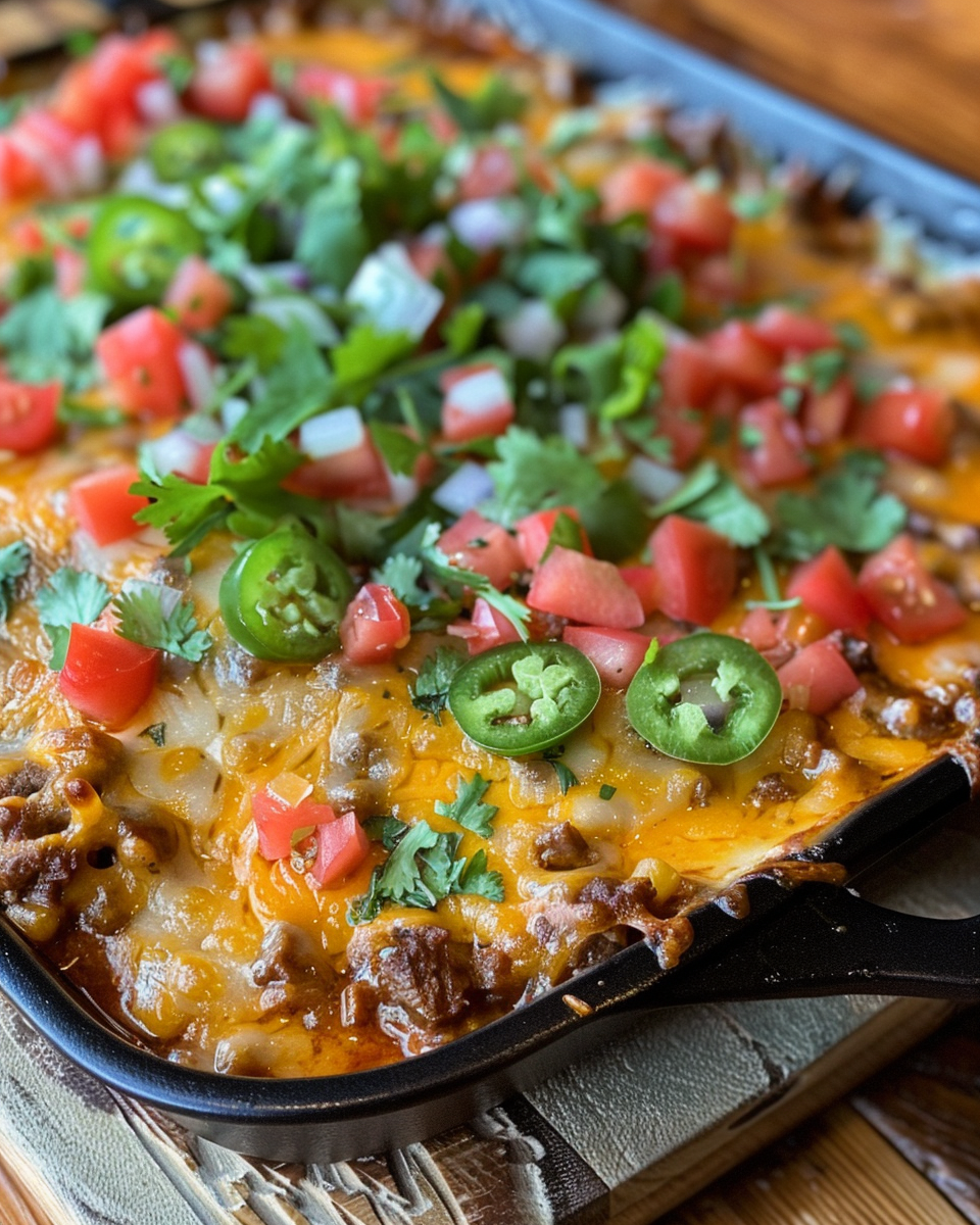 Serving of Mexican Ground Beef Casserole topped with melted cheese and fresh cilantro garnish