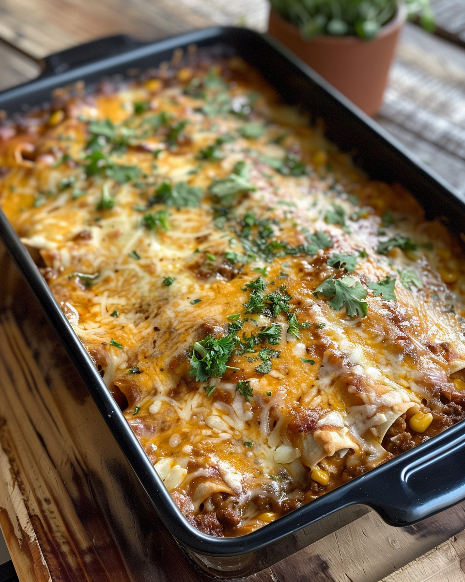 Tex-Mex Beef Enchilada Bake With Corn Salsa & Lime Crema taken with iphone 15 pro max --iw 2 --ar 4:5 --v 6.0 --raw