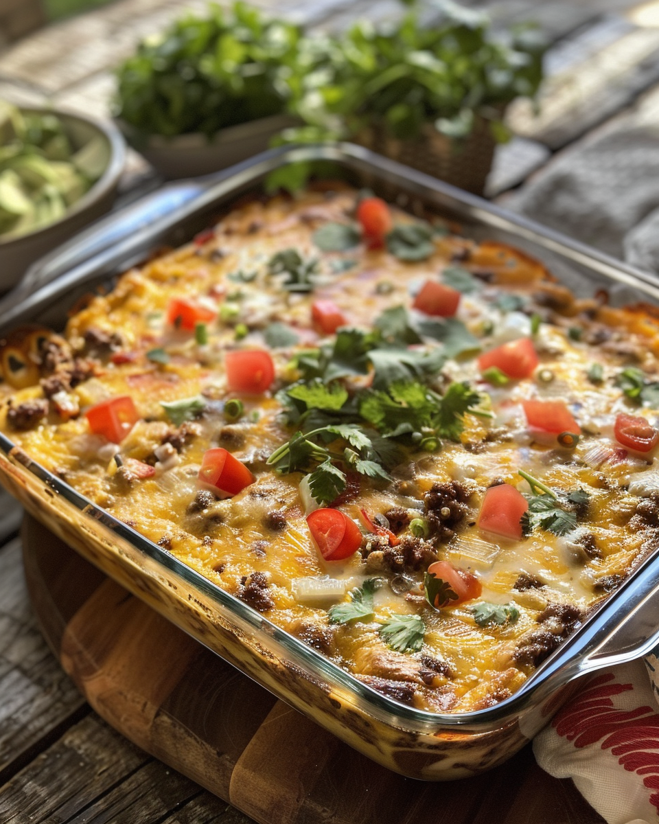 Finished Tex-Mex breakfast casserole with melted cheese and toppings