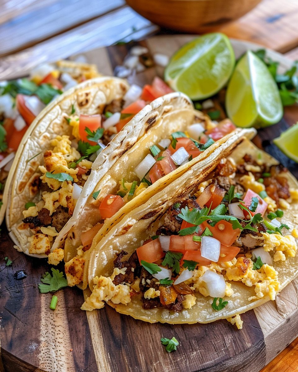 Final plated Tex-Mex breakfast tacos ready to eat