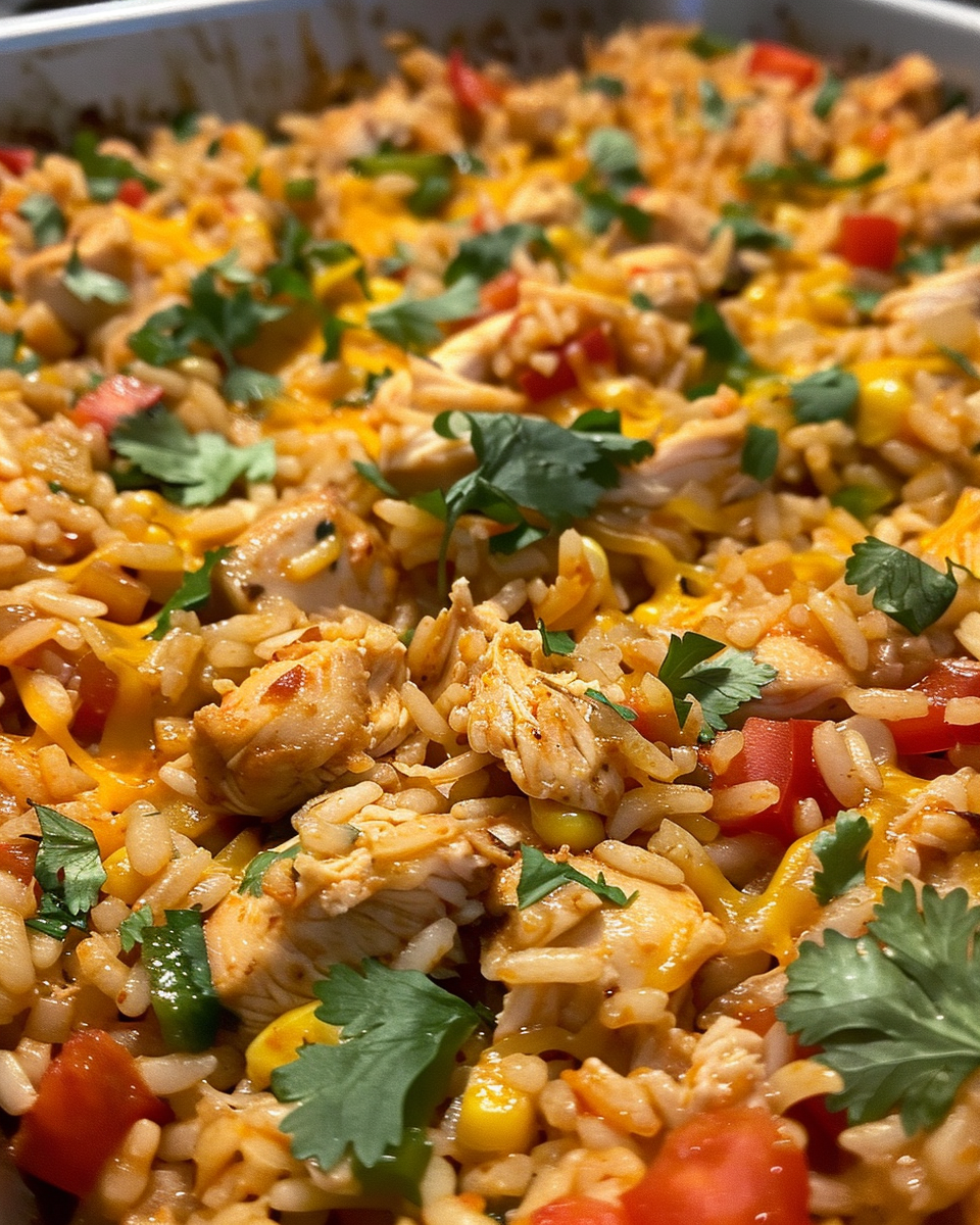 Finished Tex-Mex Chicken and Rice served with toppings