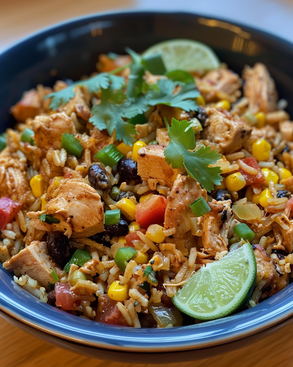 Fresh ingredients for Tex-Mex chicken and rice including peppers, onions, beans, and spices