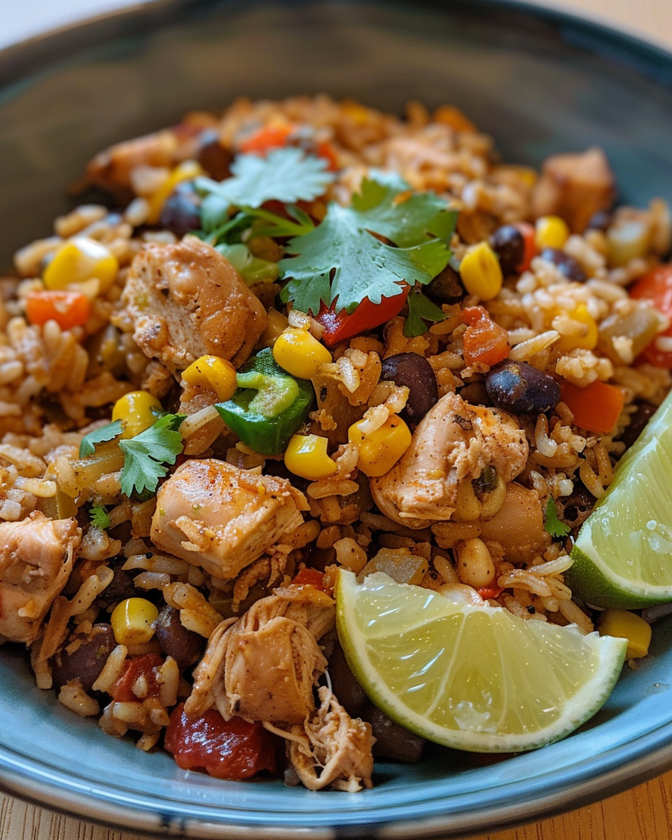 Finished Tex-Mex chicken and rice in a serving dish garnished with cheese and cilantro