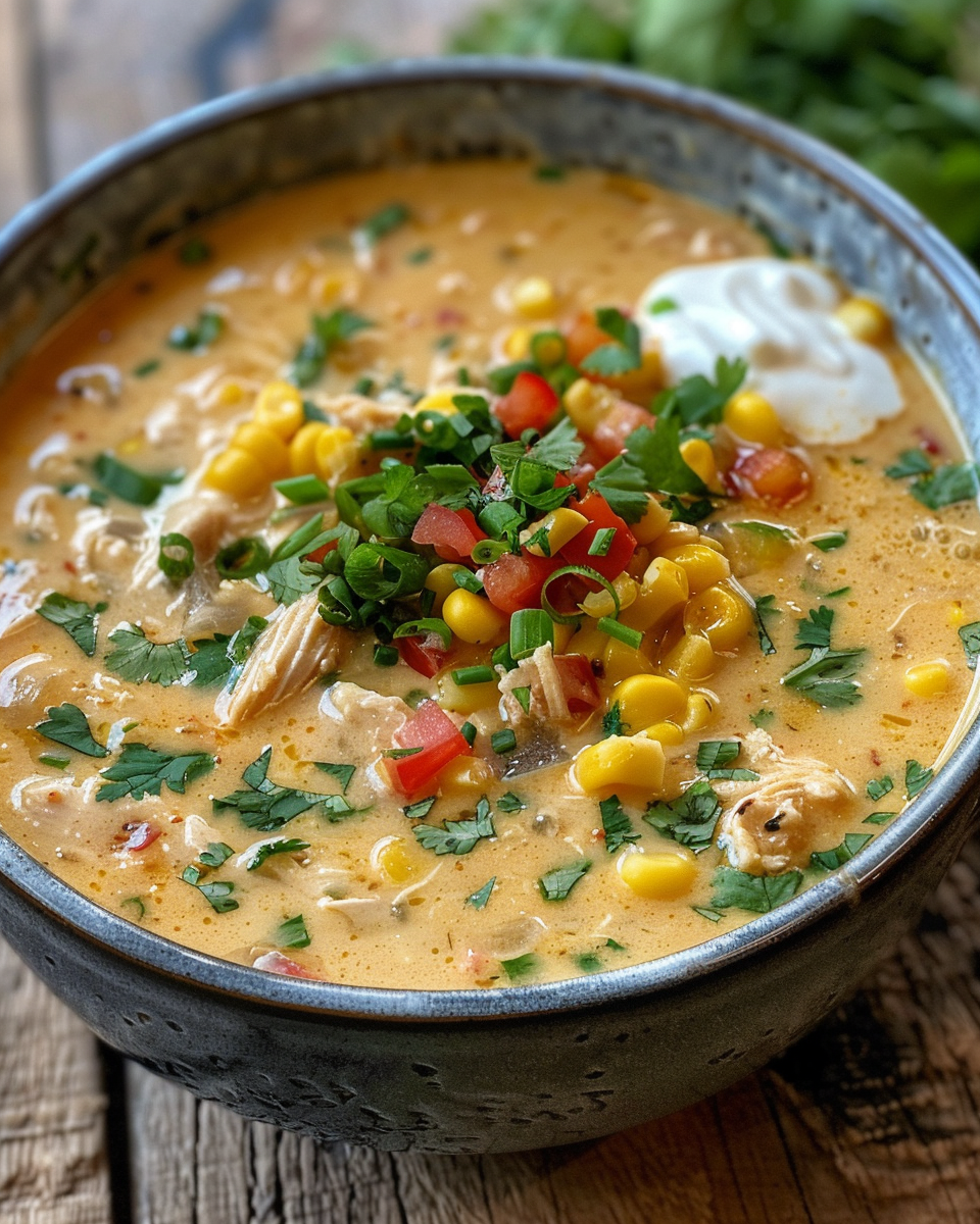 Creamy Tex-Mex cheesy chicken chowder served with crunchy corn chips