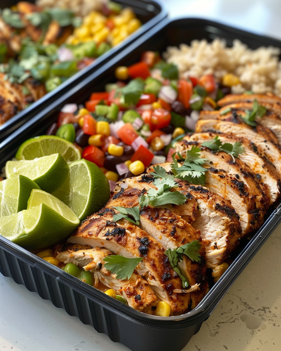 Tex-Mex Chicken Meal Prep Bowls taken with iphone 15 pro max --iw 2 --ar 4:5 --v 6.0 --raw