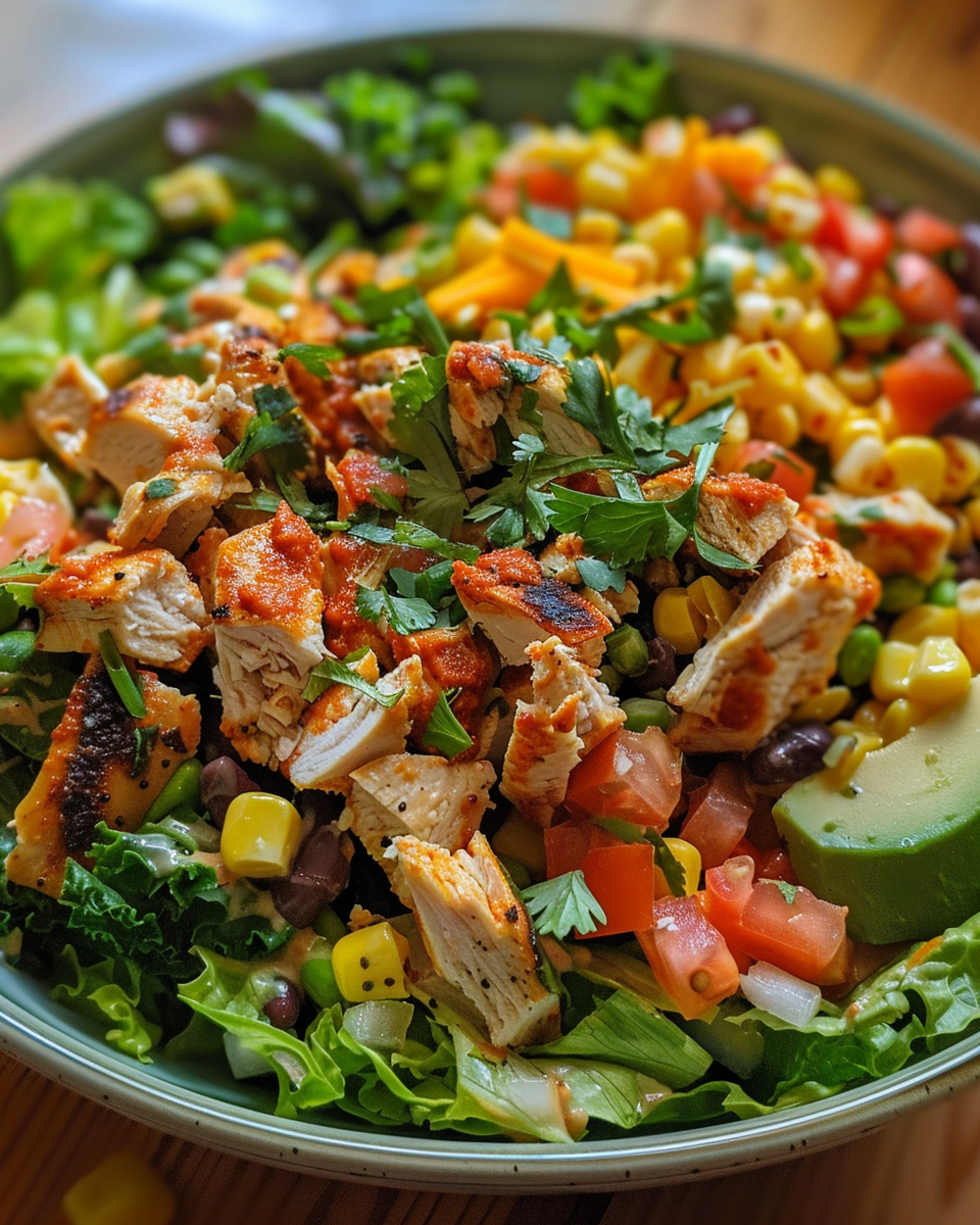Delicious plated Tex-Mex chopped chicken salad with avocado, cheddar cheese, and crunchy tortilla chips