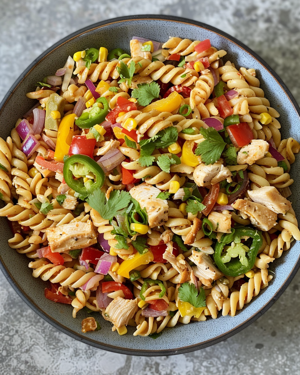 Ingredients for Tex-Mex chicken pasta salad including rotini, beans, corn, and fresh vegetables
