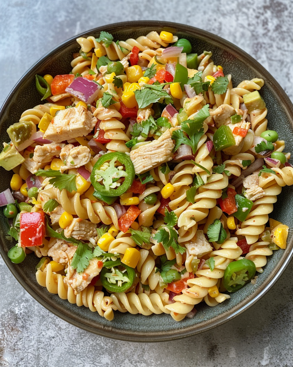 Tex-Mex Pasta Chicken Salad taken with iphone 15 pro max --iw 2 --ar 4:5 --v 6.0 --raw