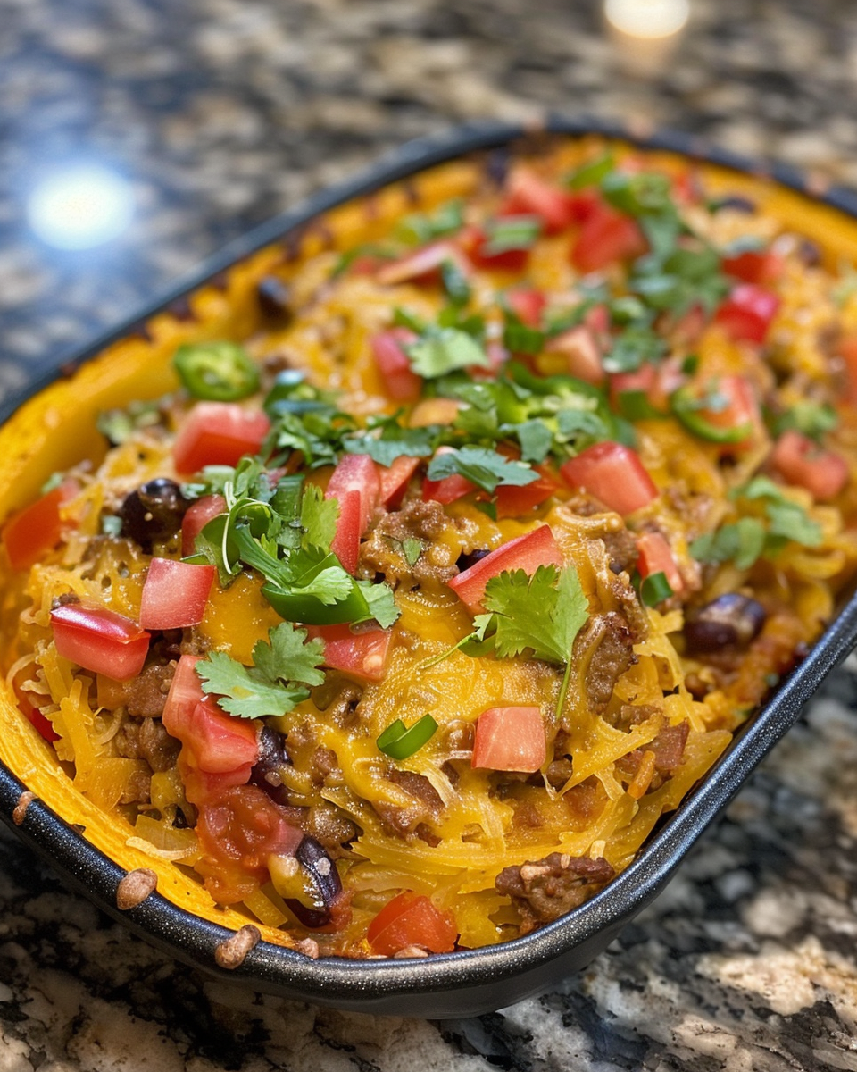 Tex-Mex Spaghetti Squash Bake taken with iphone 15 pro max --iw 2 --ar 4:5 --v 6.0 --raw