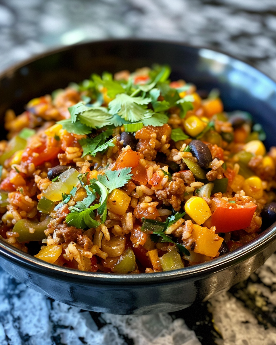 Final cooked Tex-Mex spicy veggie rice ready to serve